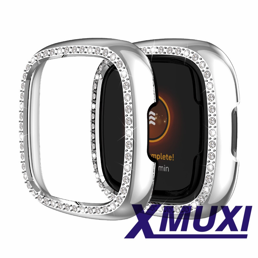 Xmuxi 保護套與 Fitbit Sense 和 Versa 3 Cover Bling 水鑽鑽石保險槓硬 PC 框架