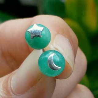 嗨，寶貝銀飾珠寶* 翡翠飾品☆925純銀 緬甸玉保A貨 放光 透油亮 冰種滿綠 陽綠翡翠 星星月亮造形純銀耳環(一對售)