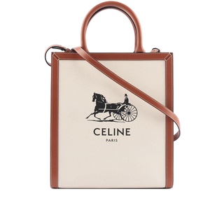 CELINE 馬車 Logo 印花帆布及小牛皮直式CABAS(米/焦糖) 192082DCI.02NT