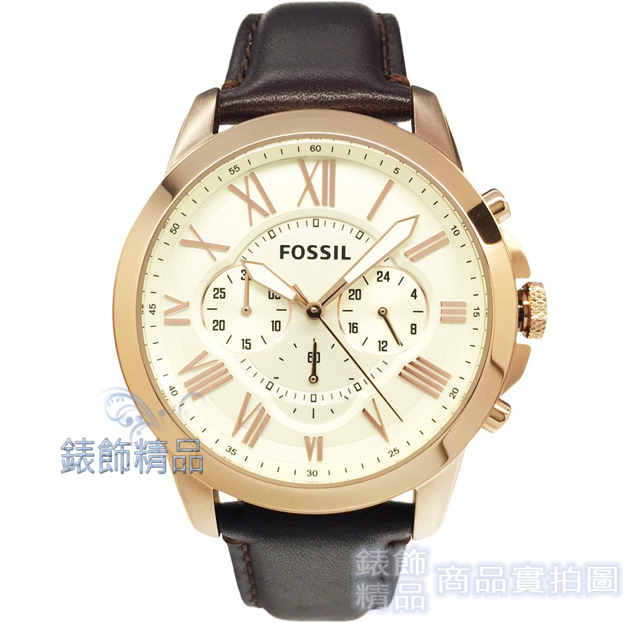 FOSSIL FS4991手錶 羅馬時標 三眼計時 米黃面玫金框 棕色錶帶 44mm 男錶【澄緻精品】