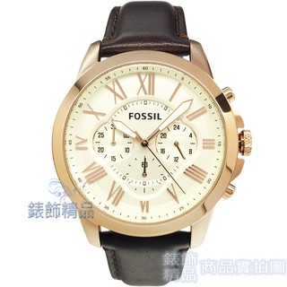 FOSSIL FS4991手錶 羅馬時標 三眼計時 米黃面 玫瑰金框 棕色錶帶 44mm 男錶【錶飾精品】