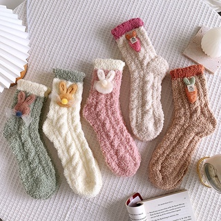 女襪 日系可愛 家居睡眠襪 中幫襪子 加厚珊瑚絨 甜美卡通ins 冬季保暖地板襪