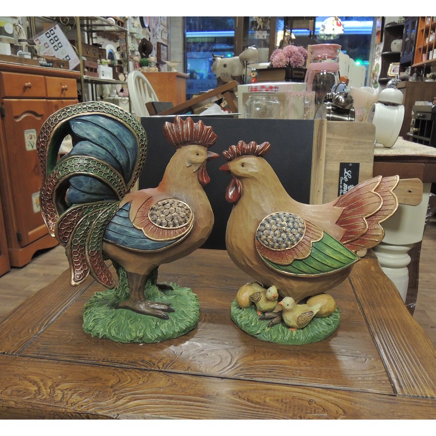 金彩仿木雕彩繪公雞母雞擺飾一對含小雞、雞蛋 造型雞 全家雞 喬遷搬家新居禮品(起雞音同台語起家) 結婚禮物帶路雞一對