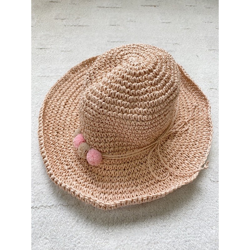 LUMI 粉色可愛球球裝飾編織草帽 度假帽 經典編織草帽 韓國編織草帽 夏天 海邊 防曬