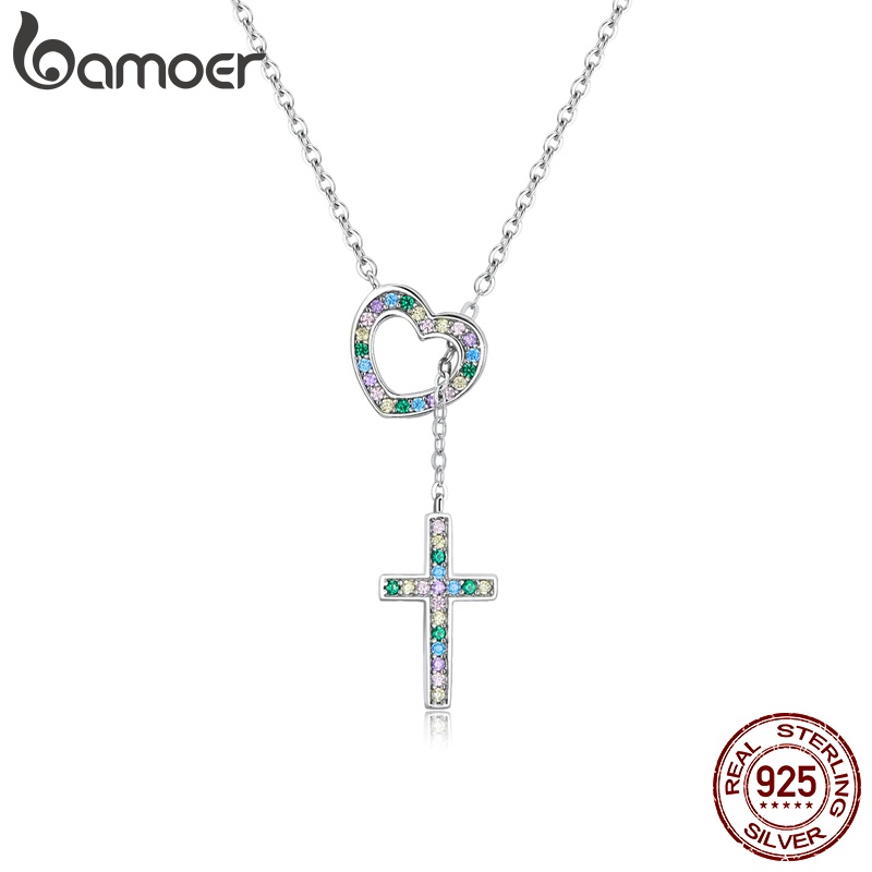 Bamoer 925 銀項鍊可調鏈 42.5Cm 長度愛心十字架吊墜時尚珠寶婦女 BSN244