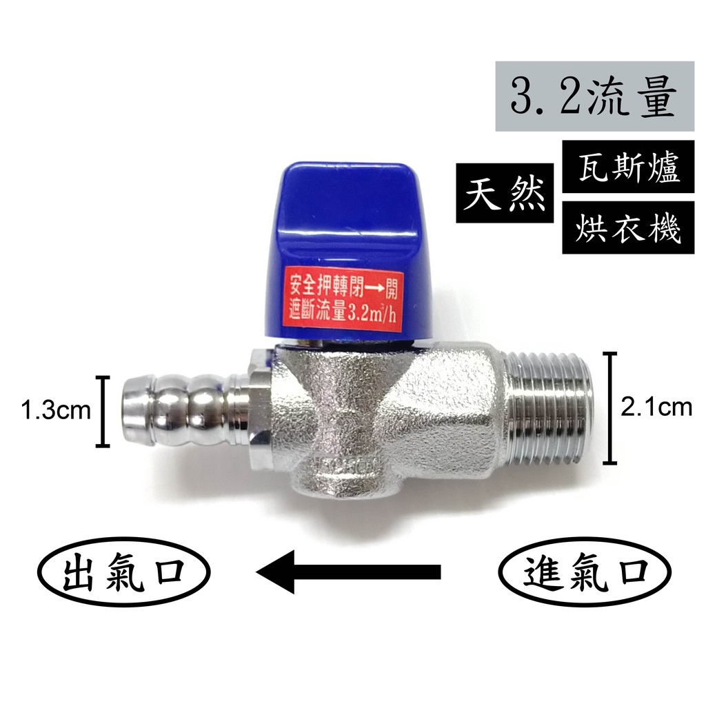 【台灣製】天然瓦斯安全開關4分牙x4分插心(3.2流量) 安全球閥遮斷器 天然瓦斯開關 瓦斯考克 調整器 超流量 遮斷器