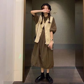 新款韓版套裝女學生工裝馬甲背心 寬鬆顯瘦連衣裙兩件套