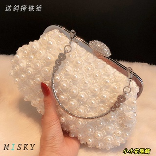 復古包 復古珍珠手提包花朵串珠手拿包百搭綢緞水鑽包新娘宴會包斜挎女包 CBdN
