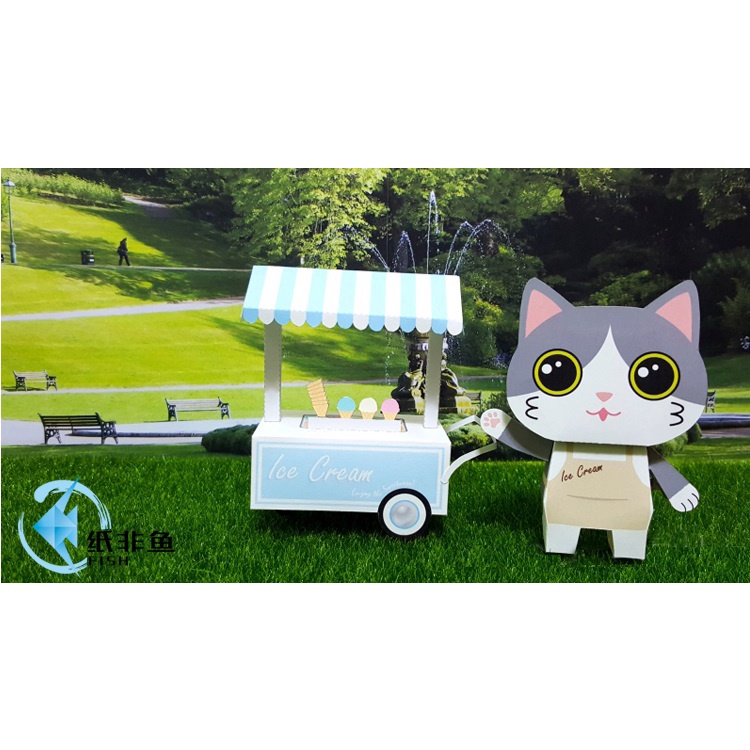 推冰淇淋攤車的貓咪 立體紙模型 手工 DIY 3D 摺紙 折紙 紙製品 卡通 動物 貓