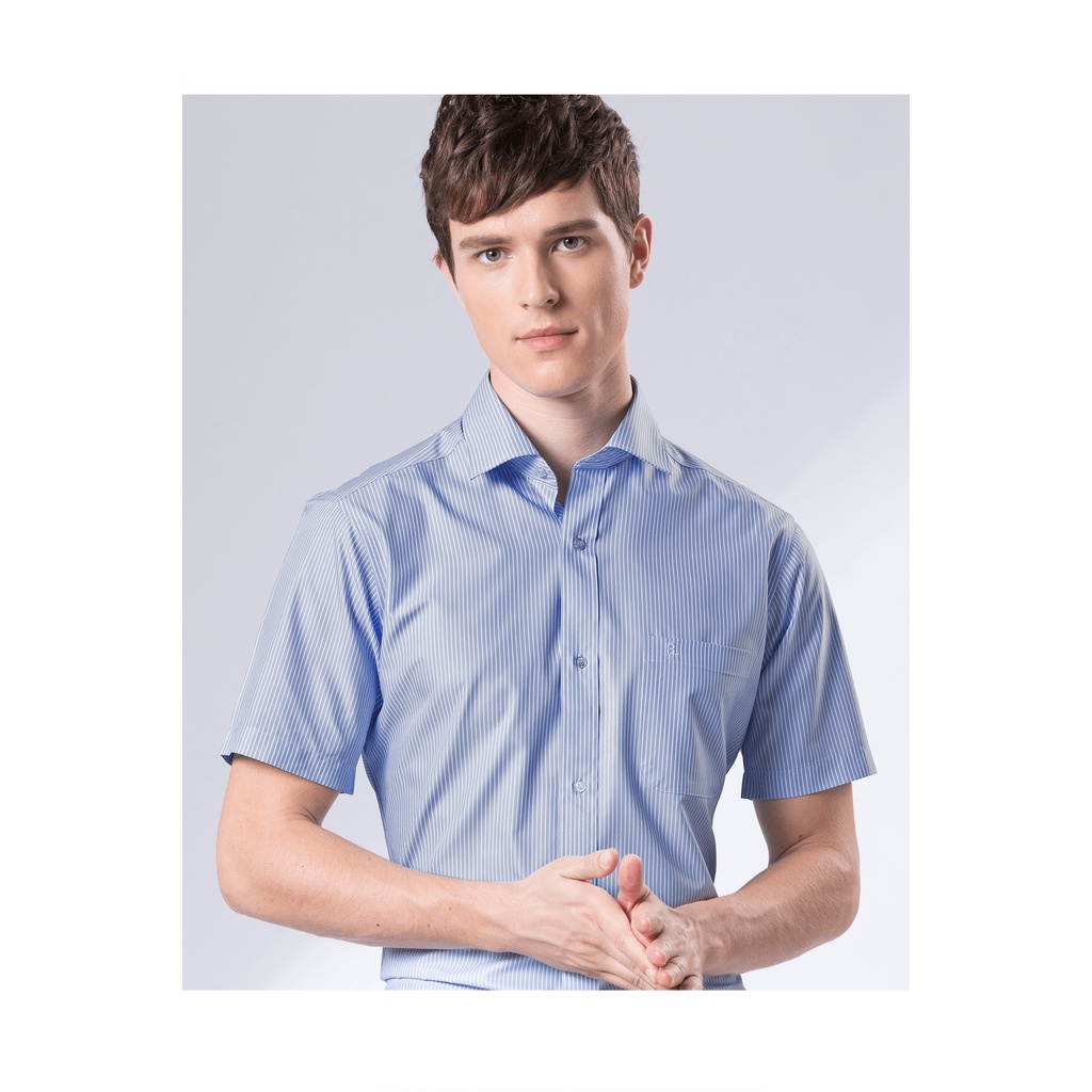 【羅德貝爾】藍白條紋短袖修身襯衫 / 抗皺 吸濕排汗