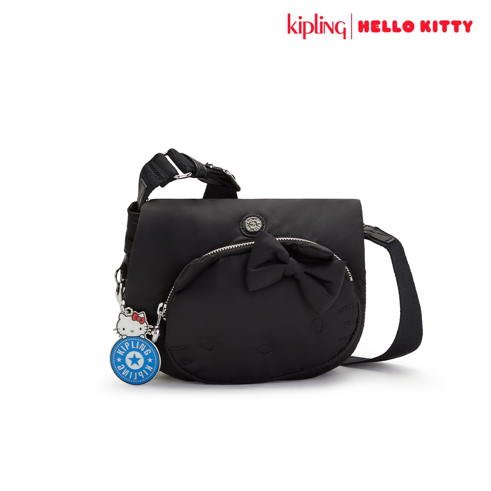 Kipling x HELLO KITTY個性黑鋪棉立體翻蓋斜背小包-RYANNE