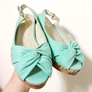 Grace Gift 藍綠色扭結楔型鞋#25