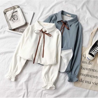 【現貨/快速出貨】秋季新品韓版蝴蝶結白色襯衫學院風馬甲打底衣喇叭袖上衣素色襯衣女生長袖女生上衣