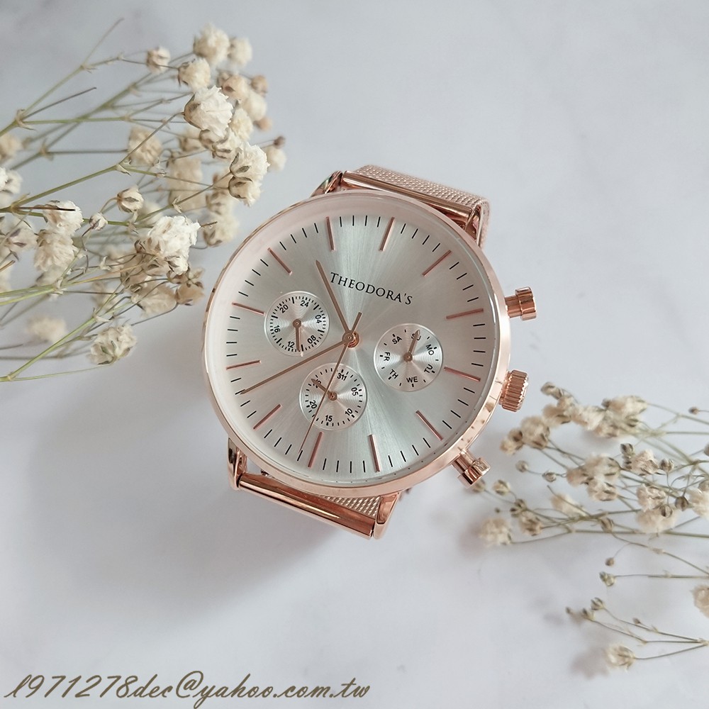 全新 轉售  Theodora’s 希奧朵拉 中性 三眼 金屬腕錶 三眼白-米蘭 玫瑰金 手錶