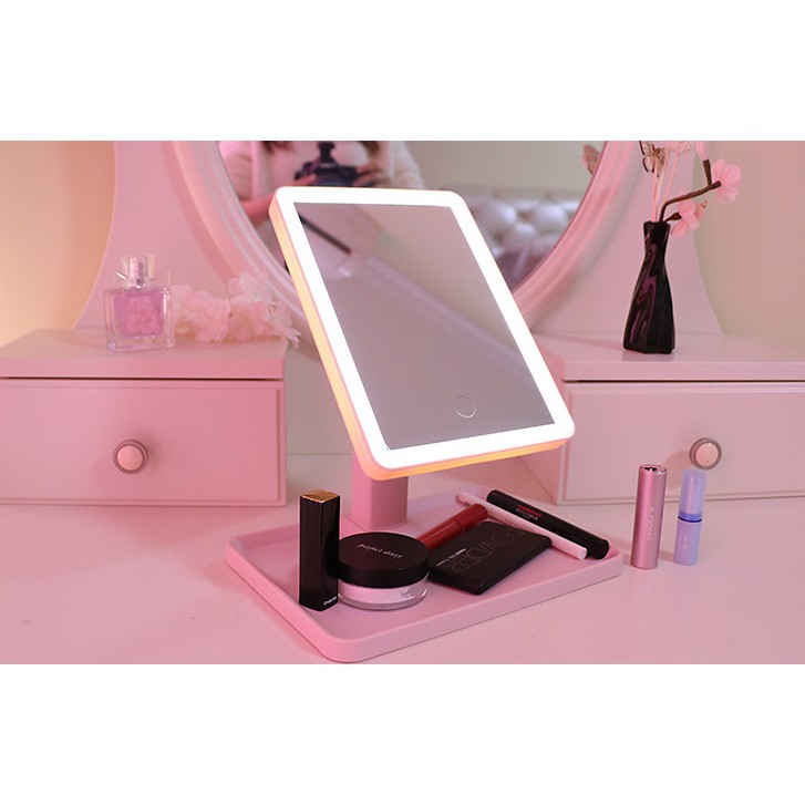LED發光化妝鏡 粉色 美妝鏡 智能觸控可調亮度化妝台 情人節禮物  交換禮物  燈光   LED燈 化妝鏡 可接USB