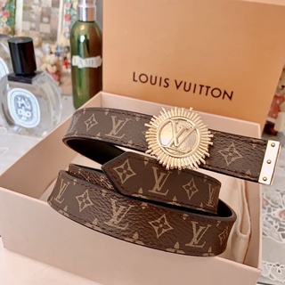 法國名牌精品Louis Vuitton路易威登LV 咖啡色經典滿載原花金色太陽徽章圖案燙金釦頭雙面兩用中低腰 腰帶 皮帶