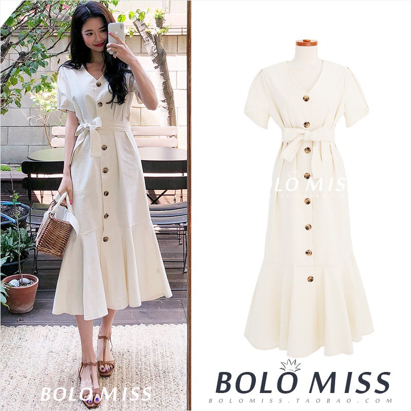 激瘦款 S Xl 附綁帶 法式仙女長款氣質排扣過膝連身裙 魚尾裙連身長裙過膝長裙過膝長洋裝