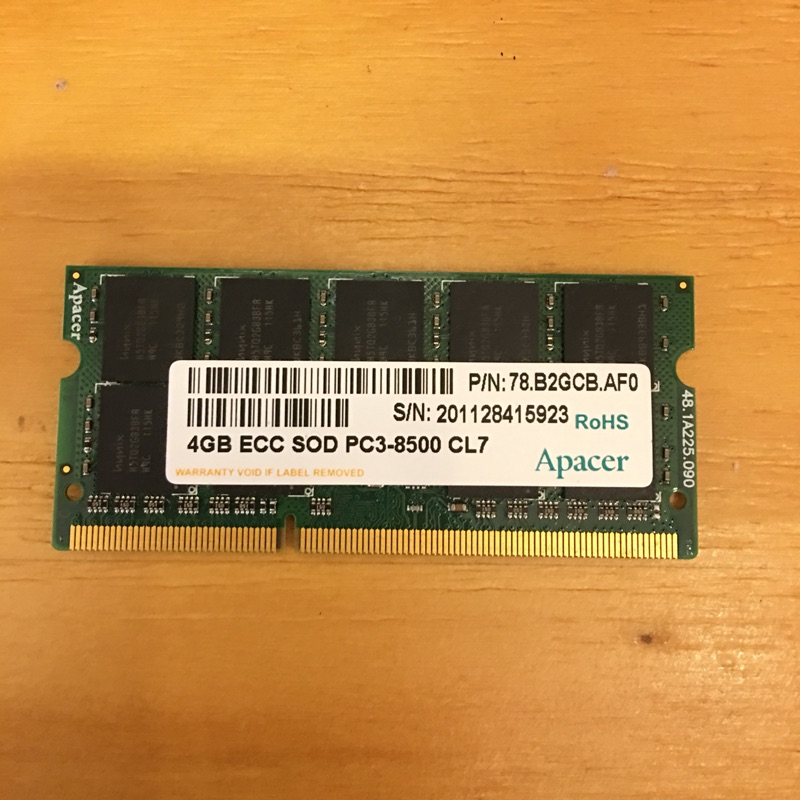 Apacer 雙面 4GB ECC SOD DDR3-1066 筆電/NB/筆記型記憶體 PC3-8500 相容1333