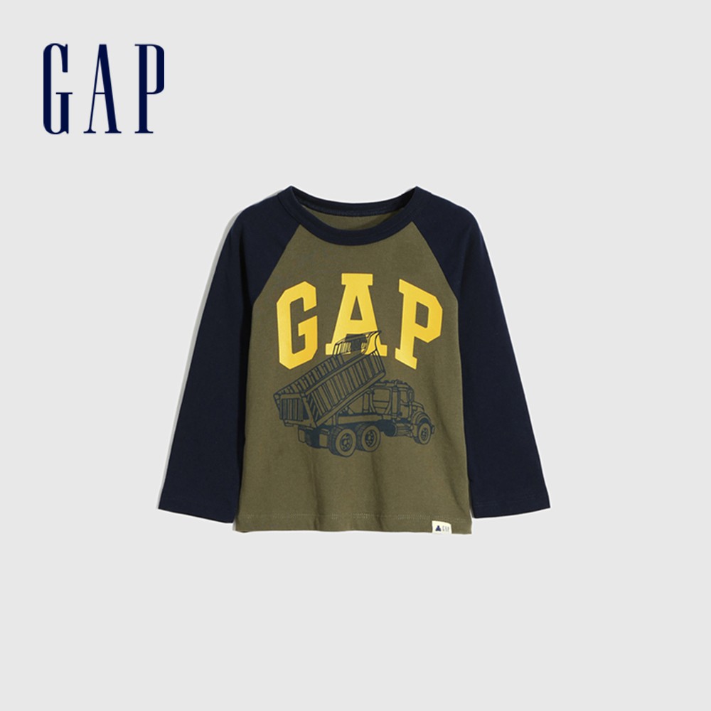 Gap 男幼童裝 Logo創意印花圓領長袖T恤-綠色(617861)