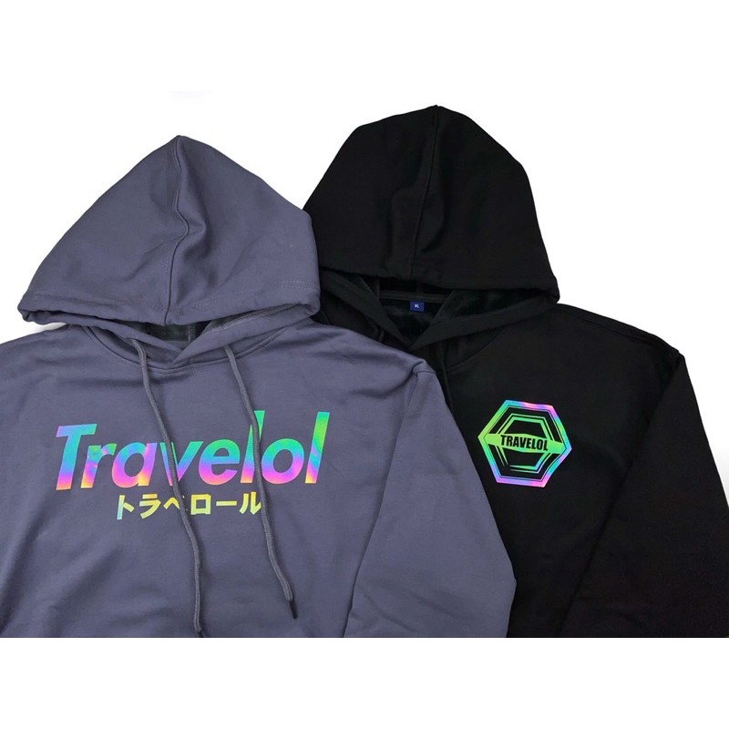 Travelol 日文反光刷絨帽T 黑/灰色 長板品牌 滑板衣服