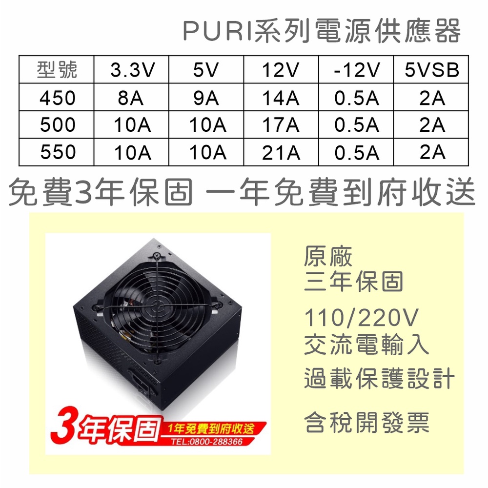 【保固附發票】450W 500W 550W 電源供應器 3.3V 5V/10A 12V/21A POWER PURI盒裝