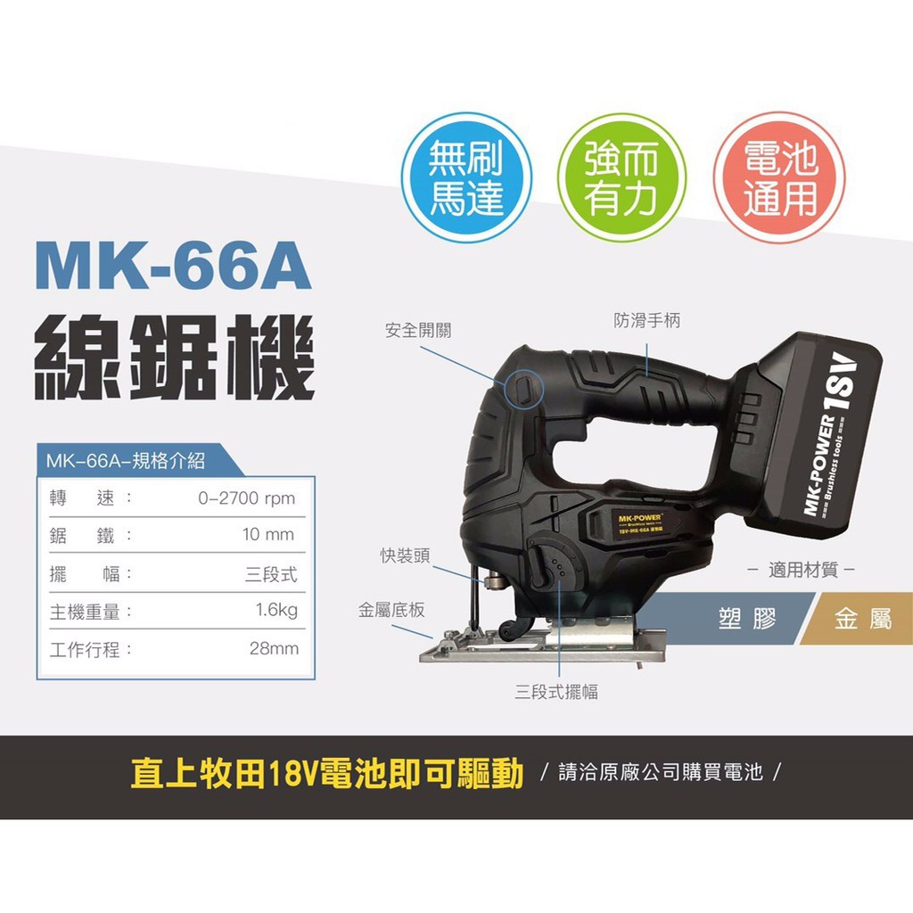 含稅 空機/ MK-66A 無刷 18V 線鋸機 通用牧田18V電池 MK-POWER MK 木工切割機 MK66A