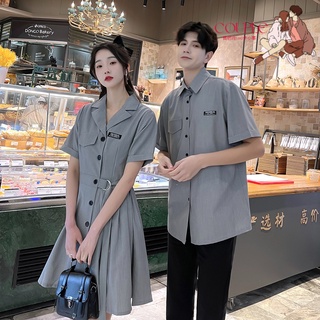 【COUPLE】❤❤夏季新品純色男短袖襯衫女收腰連衣裙學院風情侶裝