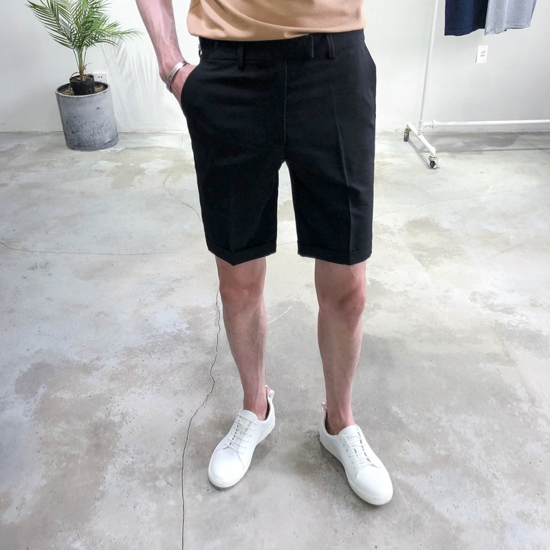 现货 港風新款黑色西裝短褲男男生短褲bf風百搭復古素色直筒短褲正韓褲子修身五分褲男生短褲潮男穿搭純色