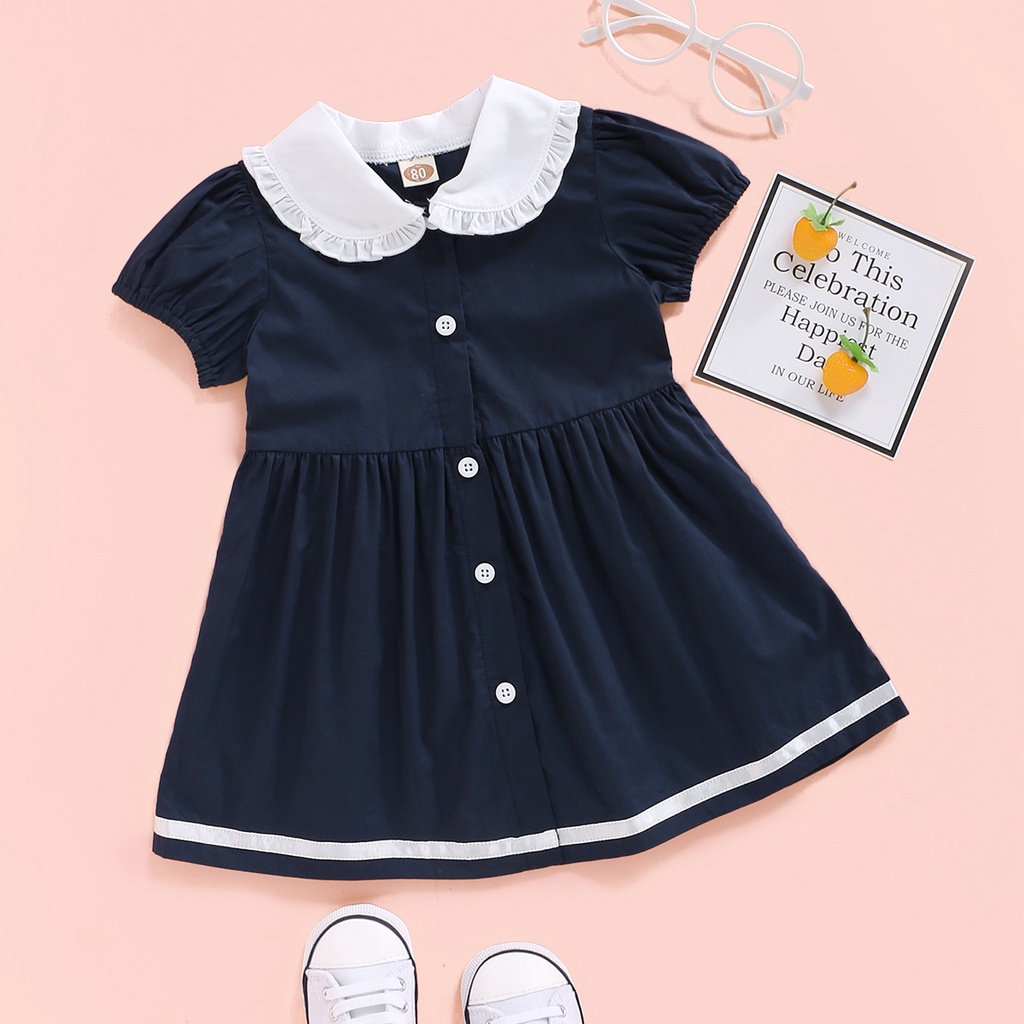 0-2 歲嬰兒女嬰短袖公主裙 100% 純棉新生女童夏季獨家服裝蹣跚學步女孩時尚 OOTD 海軍藍連衣裙