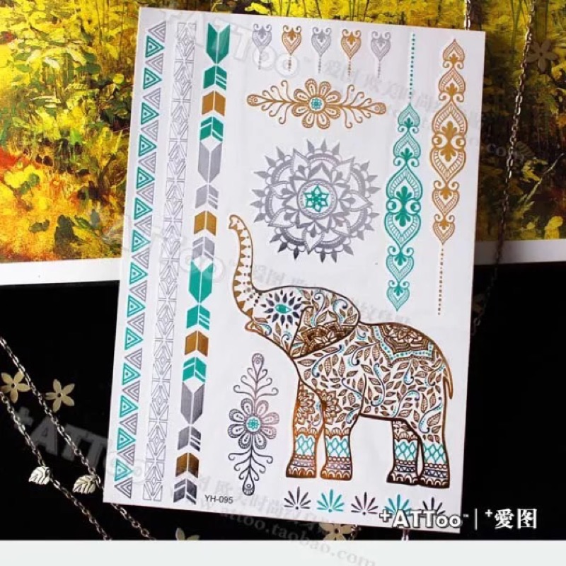 ［肆號星球］印度風燙金系列-大象/手鍊 金色綠色刺青貼(大圖多款)
