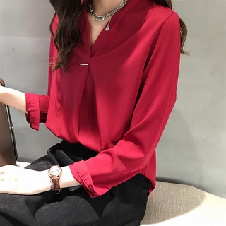 長袖襯衫 防曬衣 OL襯衣 溫柔風氣質V領襯衫女長袖上衣韓範雪紡襯衣純色1F040 331.衣時尚