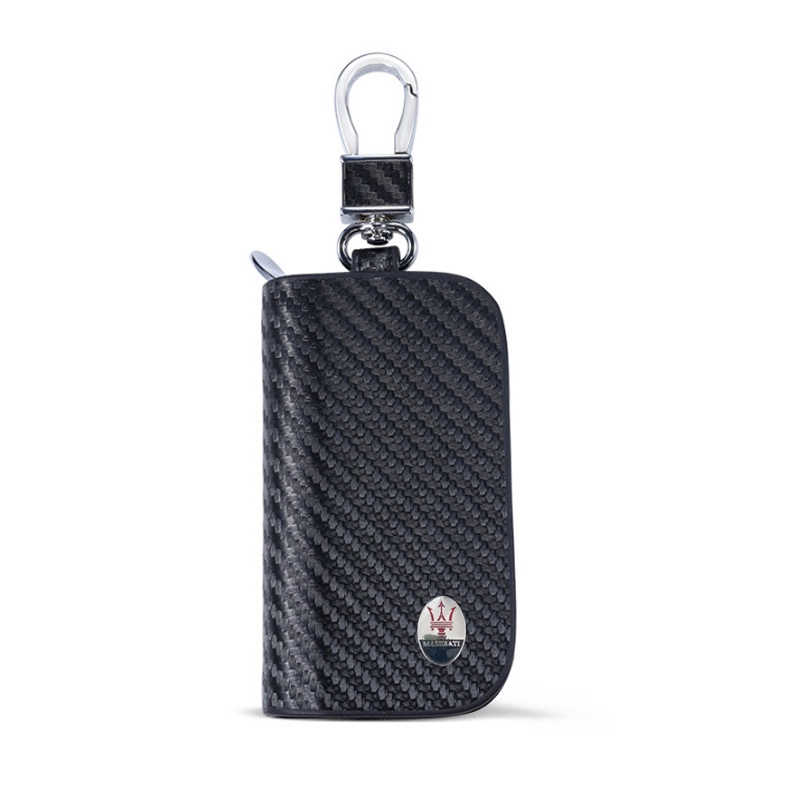 1 個 Maserati 2 汽車配件的新型時尚碳纖維黑色皮革汽車鑰匙包鑰匙扣夾