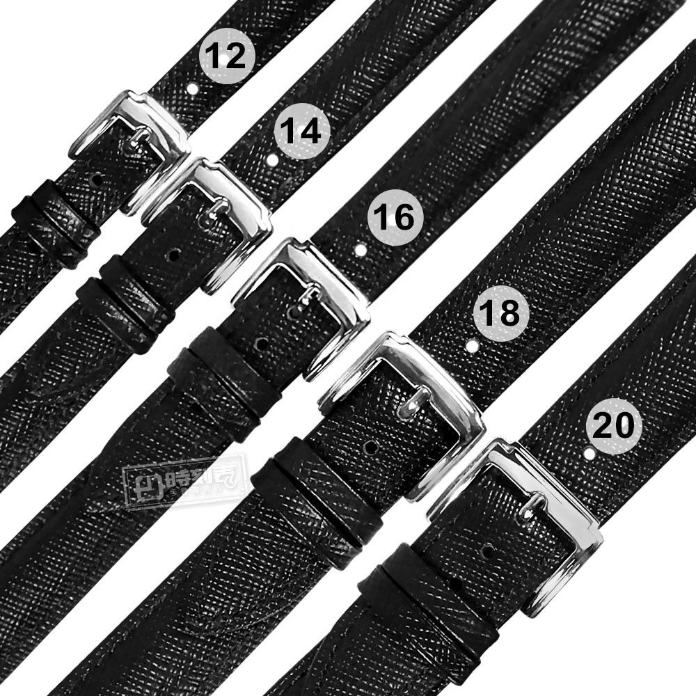Watchband / 12.14.16.18.20 mm / 各品牌通用 真皮防刮壓紋錶帶 不鏽鋼扣頭 黑色