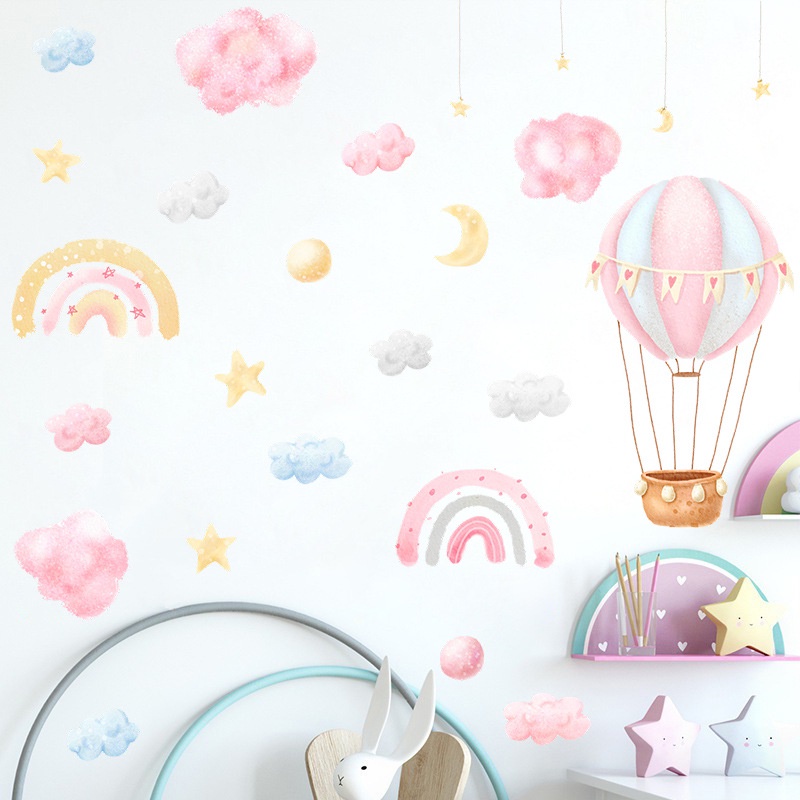 New 粉色彩虹雲朵熱氣球兒童臥室玄關商業牆美化裝飾牆貼