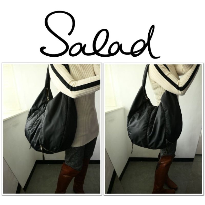 （（降價））SALAD 輕盈尼龍 超大容量 黑色素面 簡約 肩背包 側背包 手提包