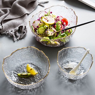 居家家 歐式金邊沙拉碗 錘紋透明玻璃沙拉碗家用餐具學生泡麪碗麪碗甜品水果碗