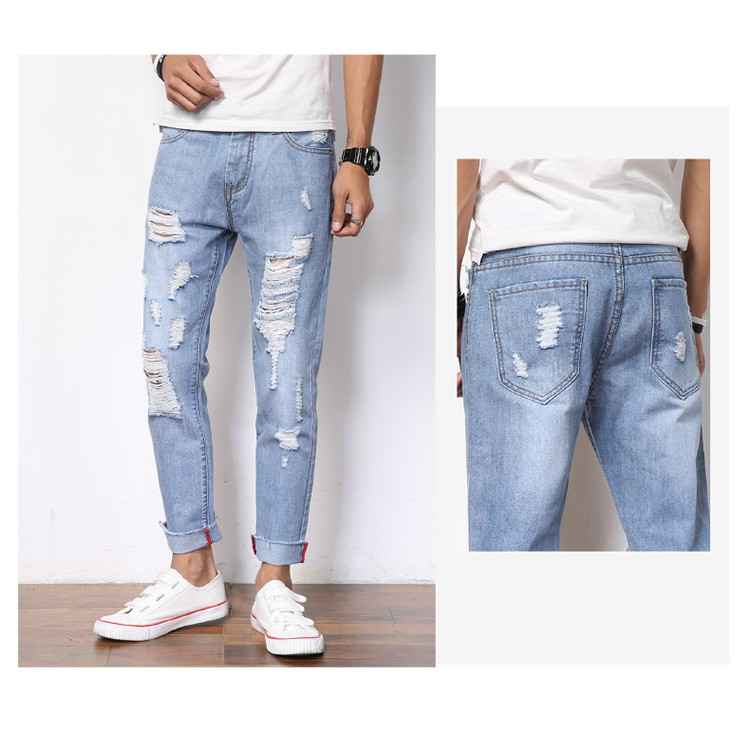 現貨不用等 刷破牛仔褲淺色牛仔褲男褲破褲破洞牛仔長褲男士牛仔破褲男生日系休閒長褲 蝦皮購物