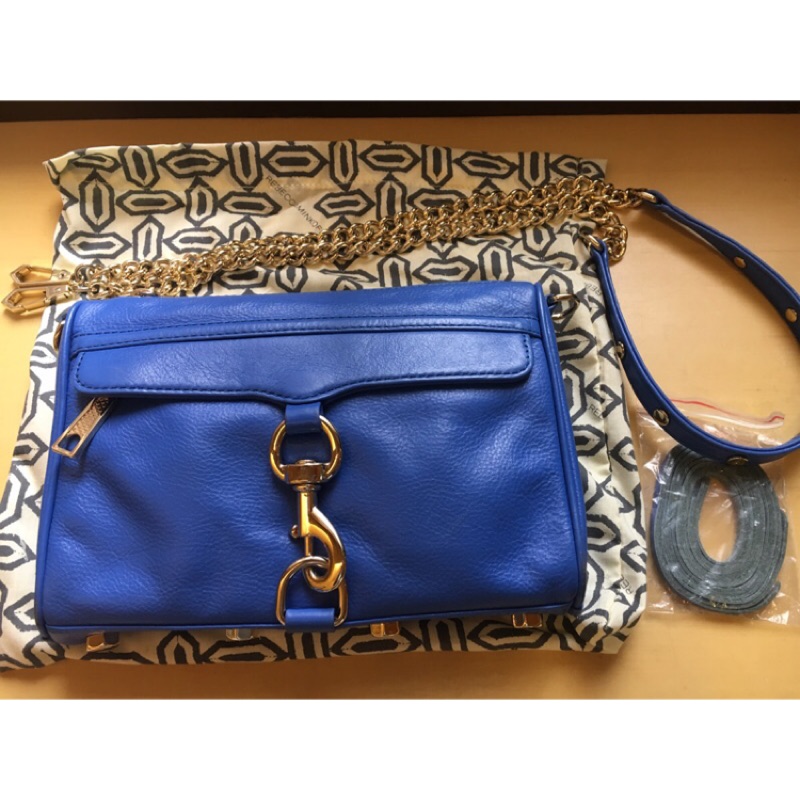 美國正品Rebecca Minkoff mini MAC牛皮寶藍金鏈側斜小背包