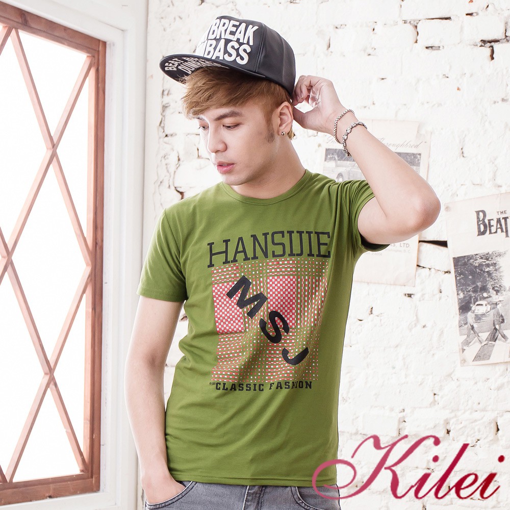 【Kilei】幾何格紋英字T恤XA1444-01(潮流草綠)賠售特價