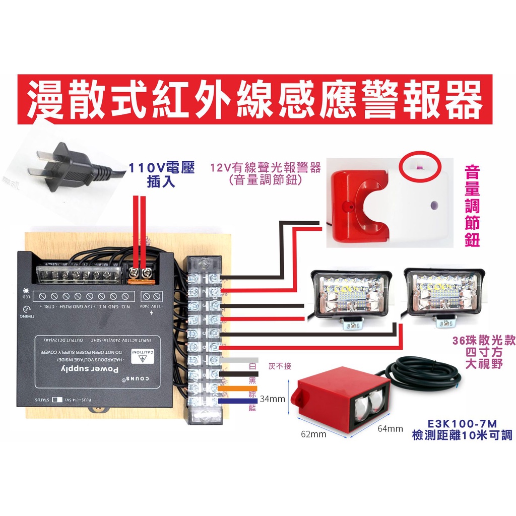遙控器達人-漫散式紅外線感應警報器,雙探照燈防盜燈閃光警報鈴,可隨意調節時間叫聲長短,防止嚇阻小偷偷竊行為,頂樓 菜園