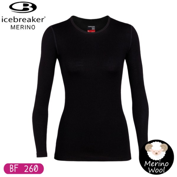 【Icebreaker 女 Tech 圓領長袖上衣 BF260《黑》】104387/保暖羊毛衫/機能服/內搭/悠遊山水