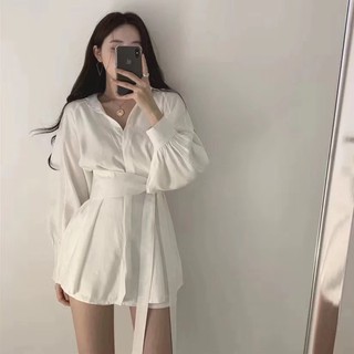 獨家*4色現貨秒出♥️【JinG】韓國熱賣♥️兩件式雪紡套裝*長版襯衫+口袋短褲+綁繩 長袖上衣+高腰褲 寬褲