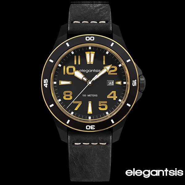 elegantsis JT65 騎士系列復古潮流腕錶-黑x金框/48mm