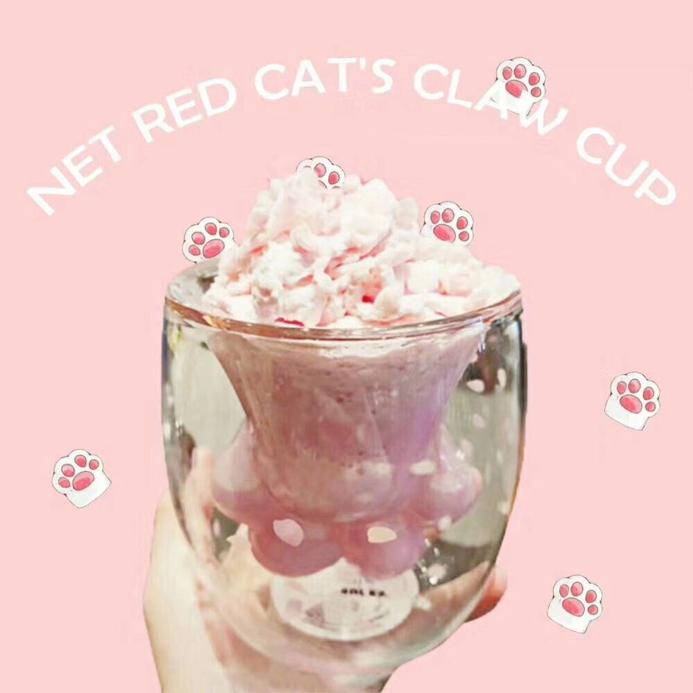 貓爪杯貓爪杯貓爪咖啡杯貓腳杯櫻花粉色雙層玻璃杯2019最時尚馬克杯