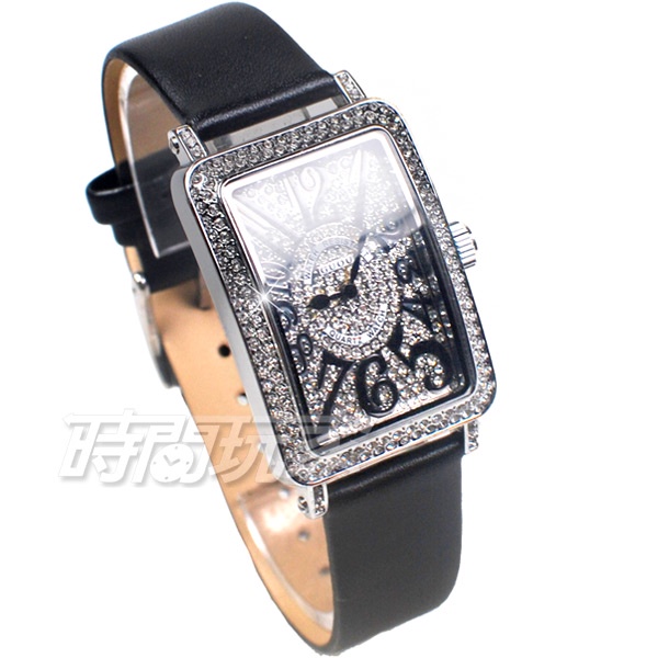 香港古歐 GUOU 閃耀時尚腕錶 G8201銀黑 滿鑽數字錶 長方型 真皮皮革錶帶 銀x黑【時間玩家】