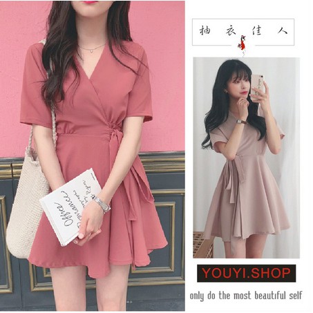 正韓短版洋裝三色入韓國官網同步2019夏季新款素面純色顯瘦收腰交叉v領短袖洋裝連衣裙綁帶洋裝韓妞必備