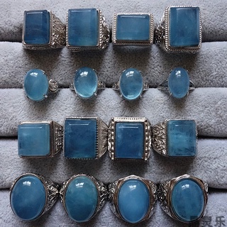 爆款上新*天然海藍寶戒指水晶半寶石托帕石方形橢圓形鍍銀鑲嵌男女指環飾品