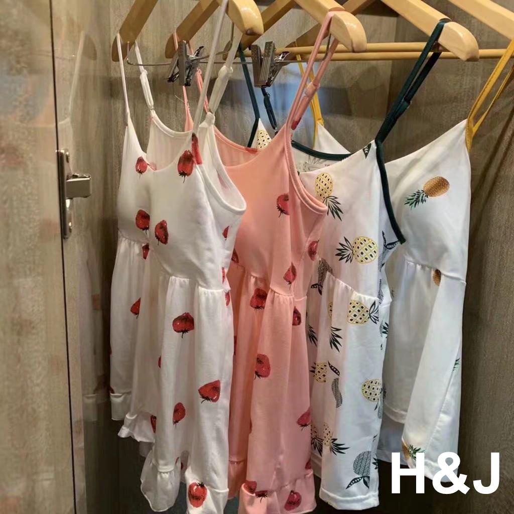 H&amp;J夏季爆款❤️💛草莓印花女士吊帶睡衣短褲棉質鳳梨家居服優質牛奶絲棉ne
