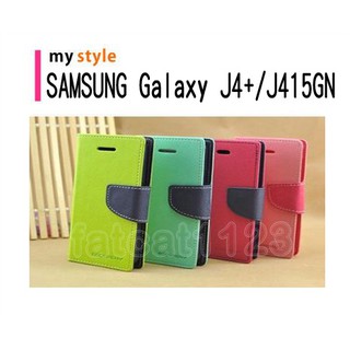 SAMSUNG Galaxy J4+/J415GN 專用 撞色/斜立/側掀皮套/錢夾/手機套/斜布紋/卡夾/手機皮套