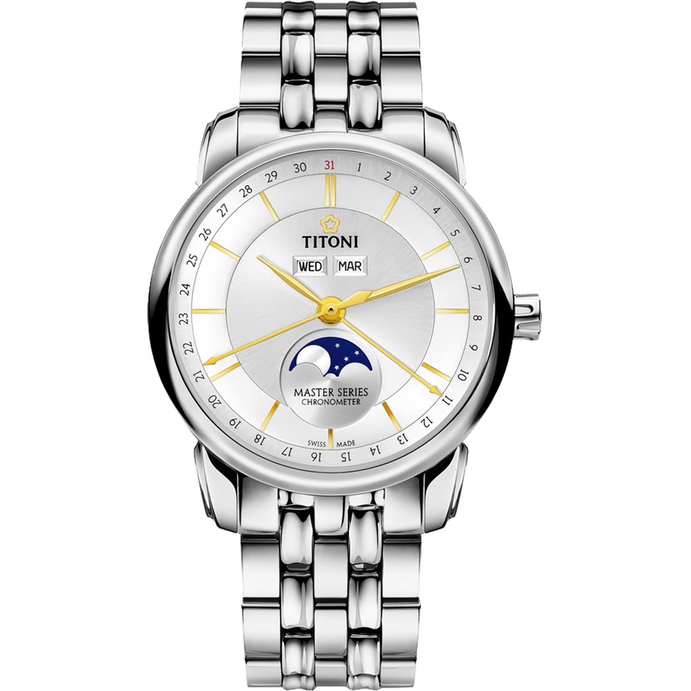 TITONI 梅花錶 大師系列天文台認證月相機械錶94588 S-635-銀/41mm